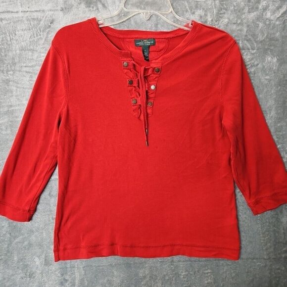 Lauren Ralph Lauren Tops - Lauren Ralph Lauren Women's Sz Lg Red Cotton Top 3/4 sleeve lace up